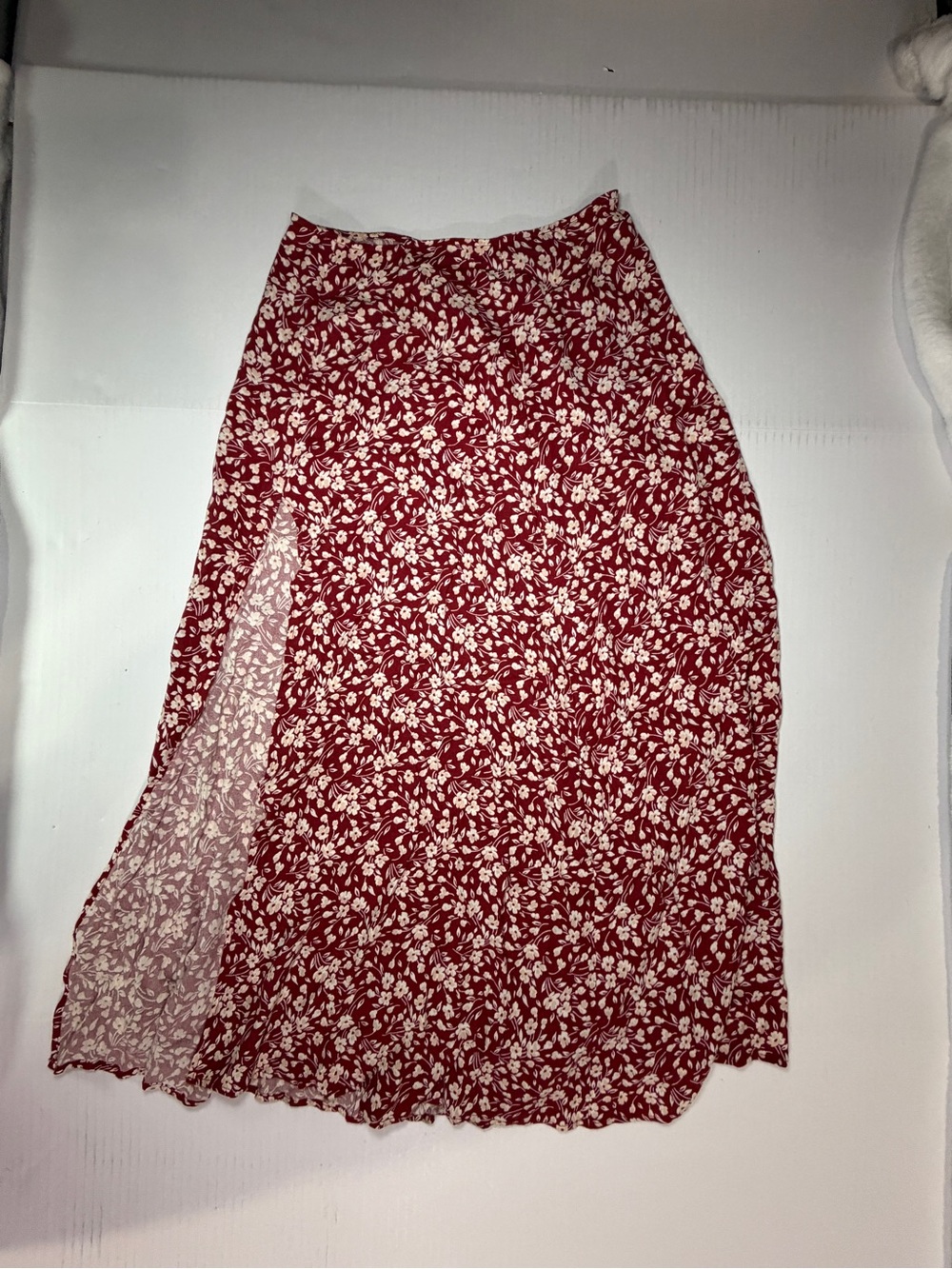 Reformation Red and White Floral Midi Skirt with Side Slit